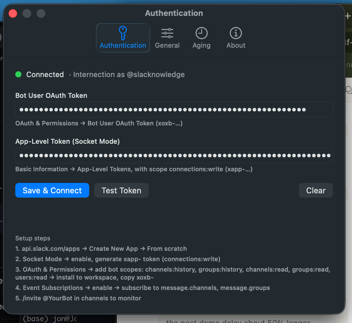 SlAcknowledge Settings — Authentication tab, showing the Bot User OAuth Token and App-Level Token fields with setup steps